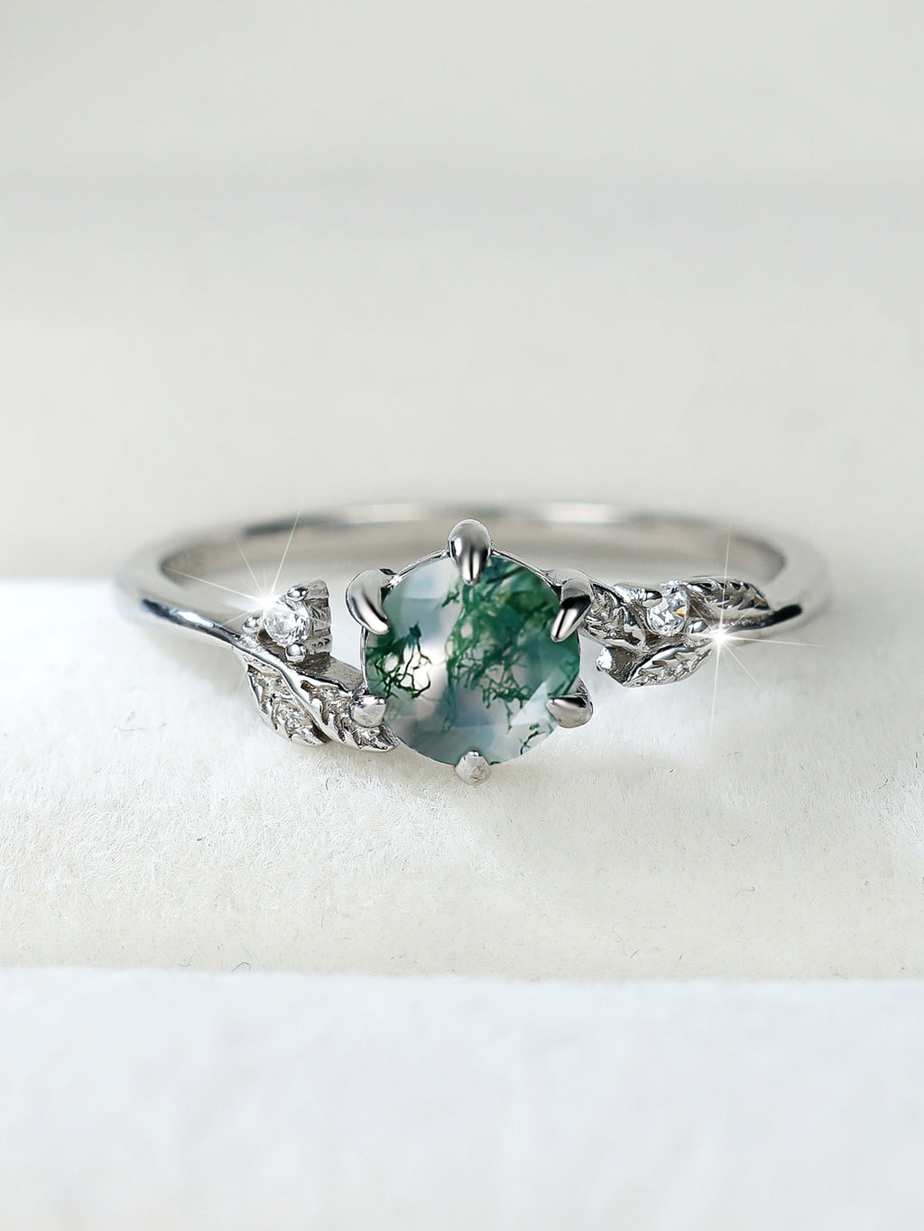 925 Sterling Silver Round Agate Edge Branch Six-claw Ring