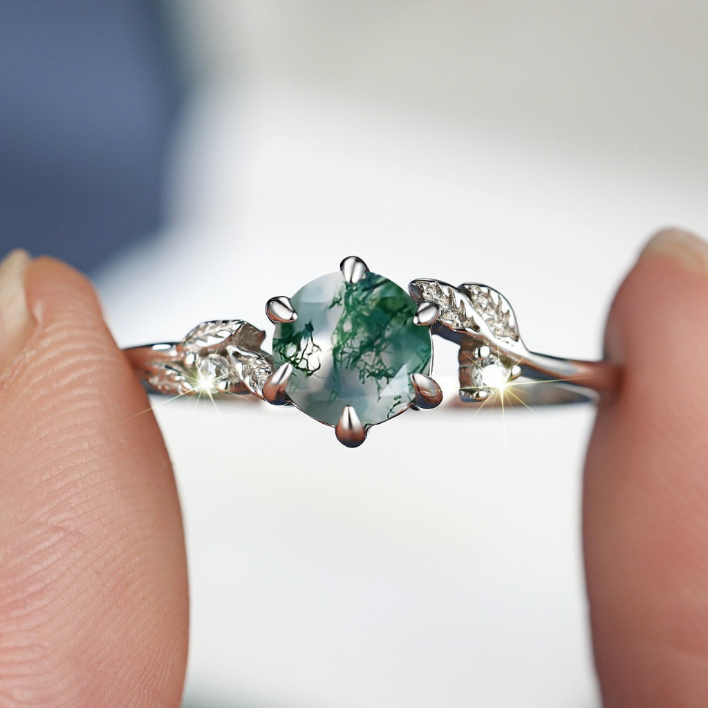 925 Sterling Silver Round Agate Edge Branch Six-claw Ring