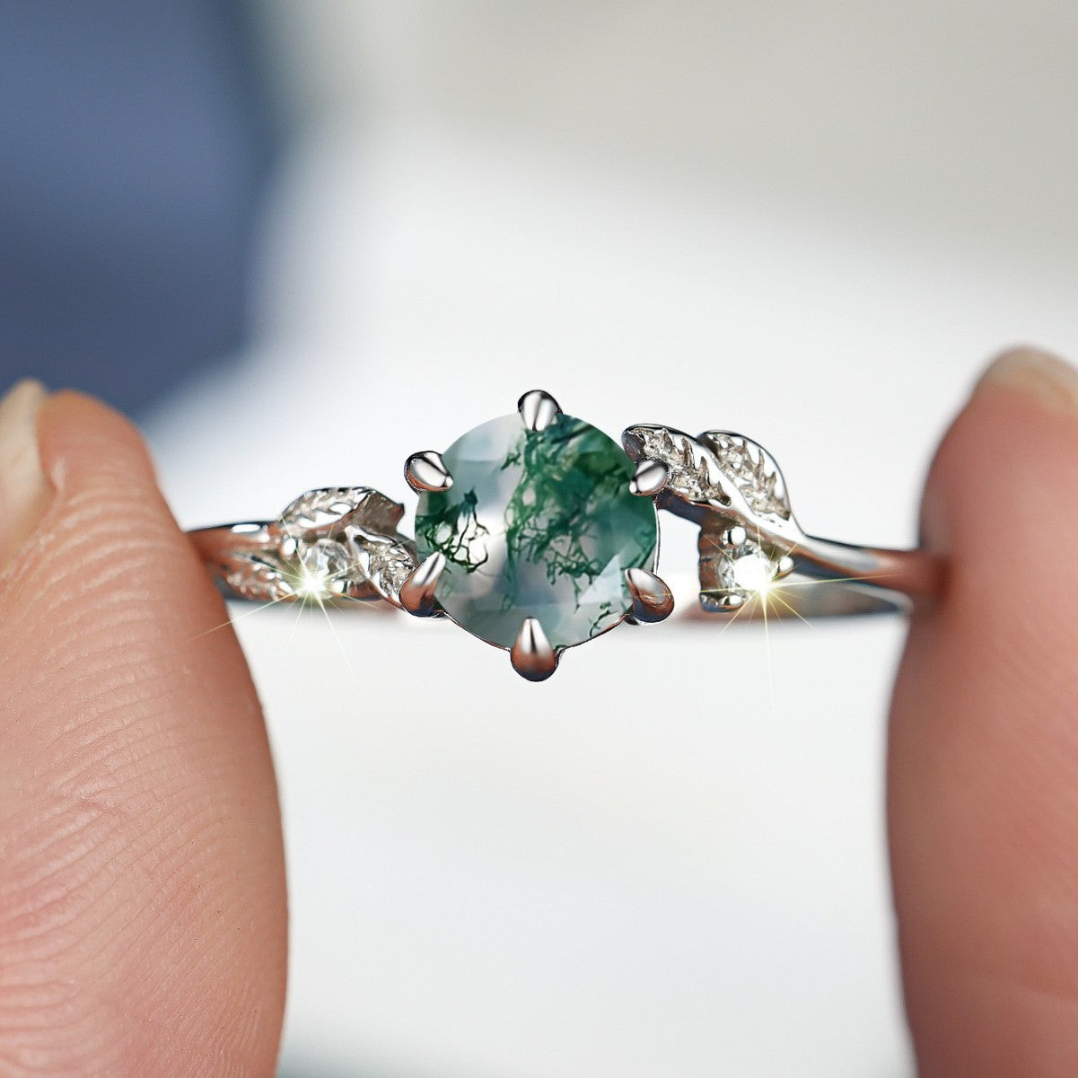 925 Sterling Silver Round Agate Edge Branch Six-claw Ring