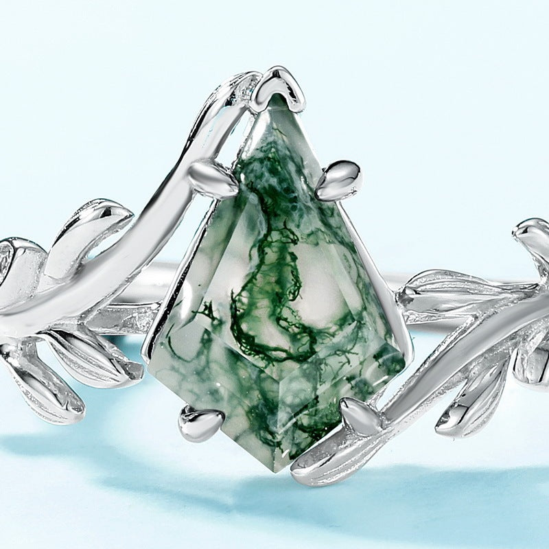 Olive‑Branch Moss Agate Ring in S925 Sterling Silver