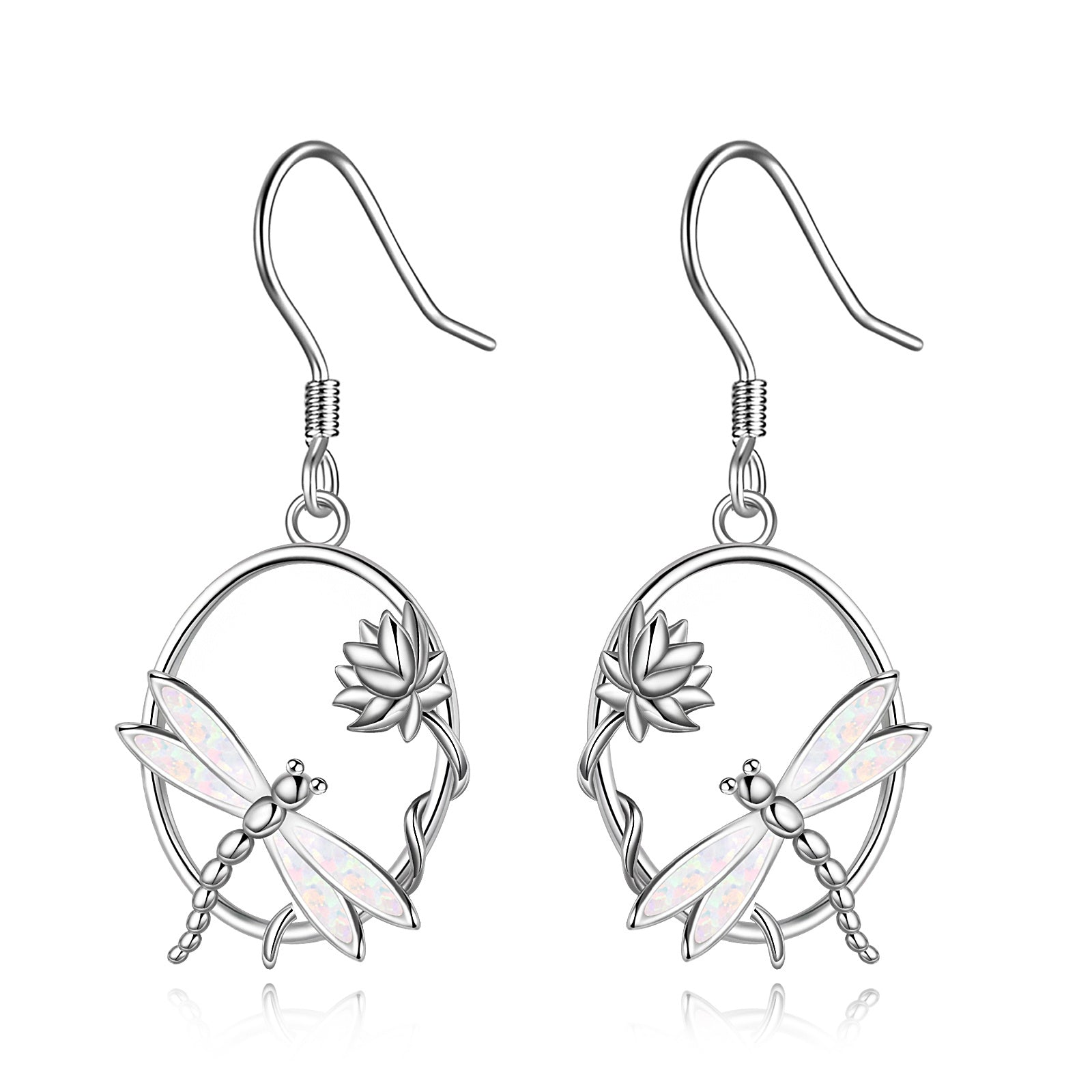 Sterling Silver Dragonfly & Lotus Opal Drop Earrings — Light at the Water’s Edge