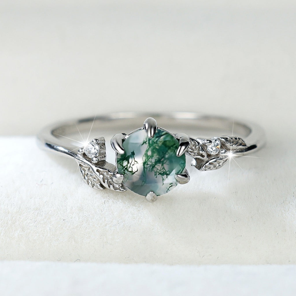 925 Sterling Silver Round Agate Edge Branch Six-claw Ring