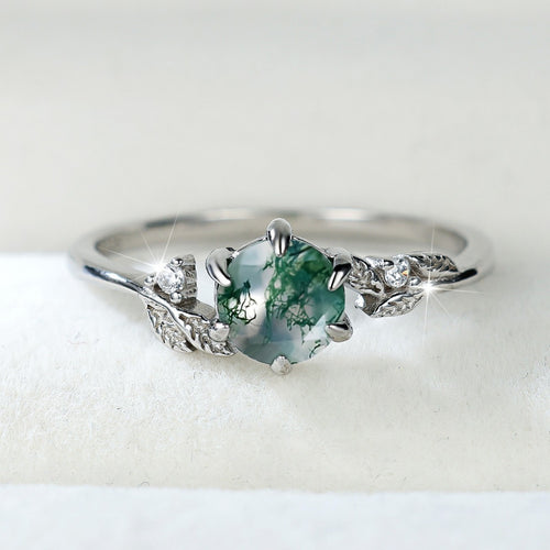 925 Sterling Silver Round Agate Edge Branch Six-claw Ring