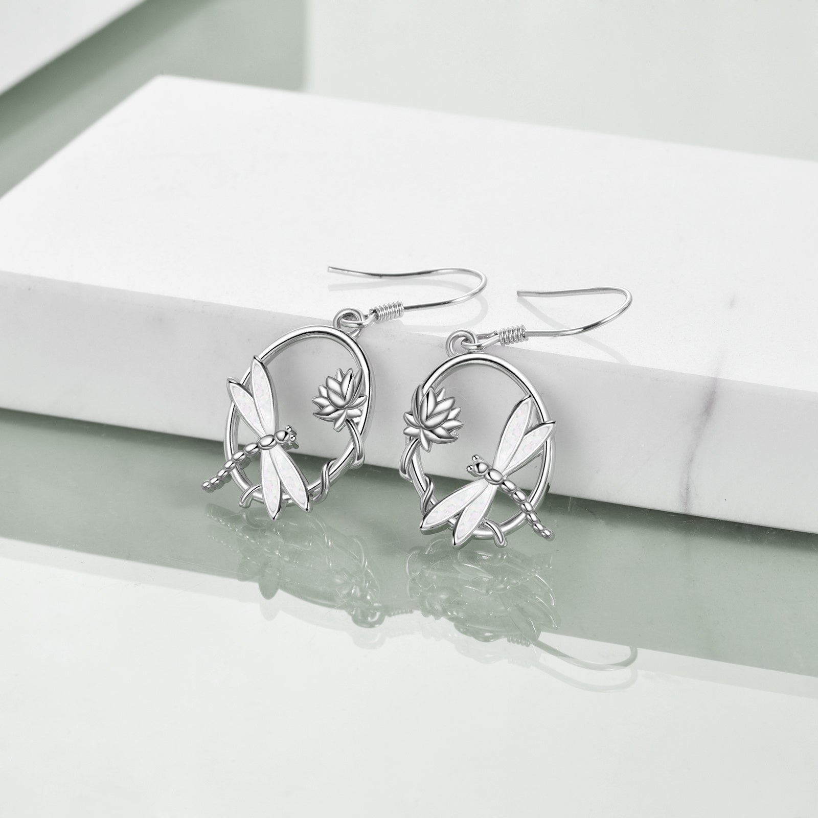 Sterling Silver Dragonfly & Lotus Opal Drop Earrings — Light at the Water’s Edge