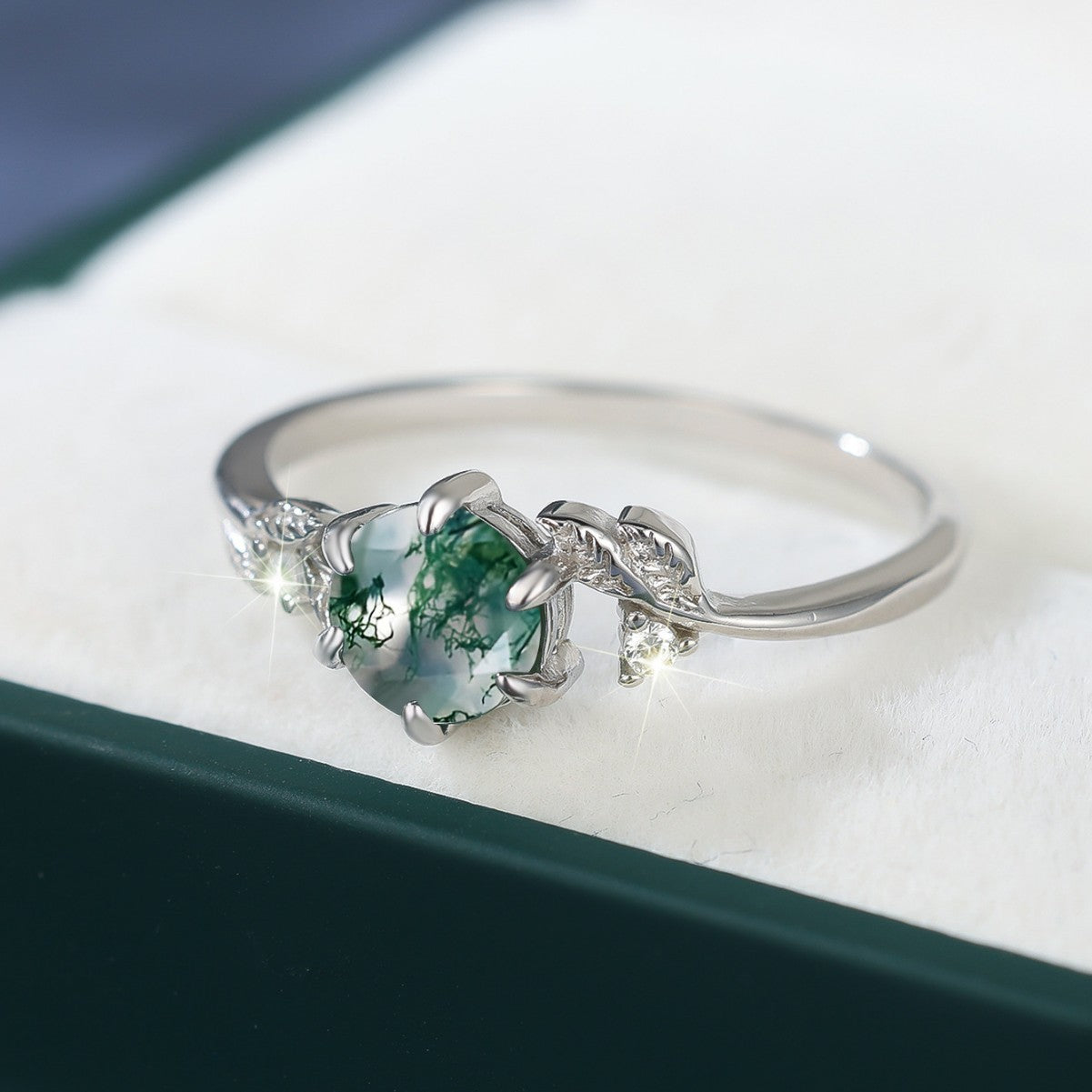 925 Sterling Silver Round Agate Edge Branch Six-claw Ring