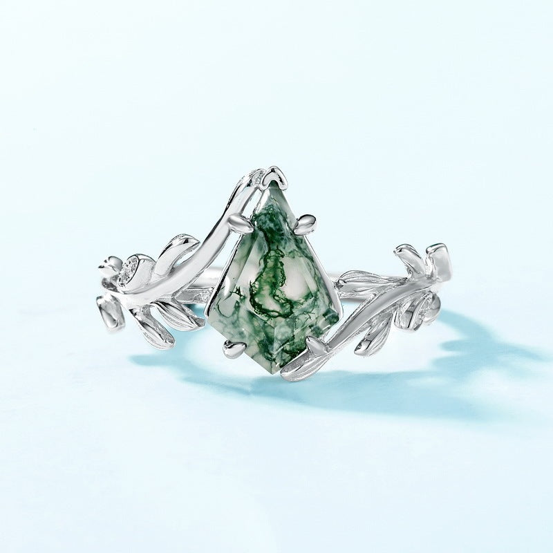 Olive‑Branch Moss Agate Ring in S925 Sterling Silver