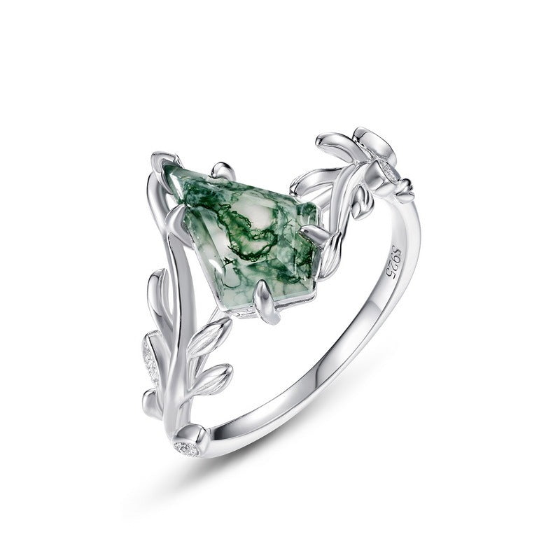 Olive‑Branch Moss Agate Ring in S925 Sterling Silver