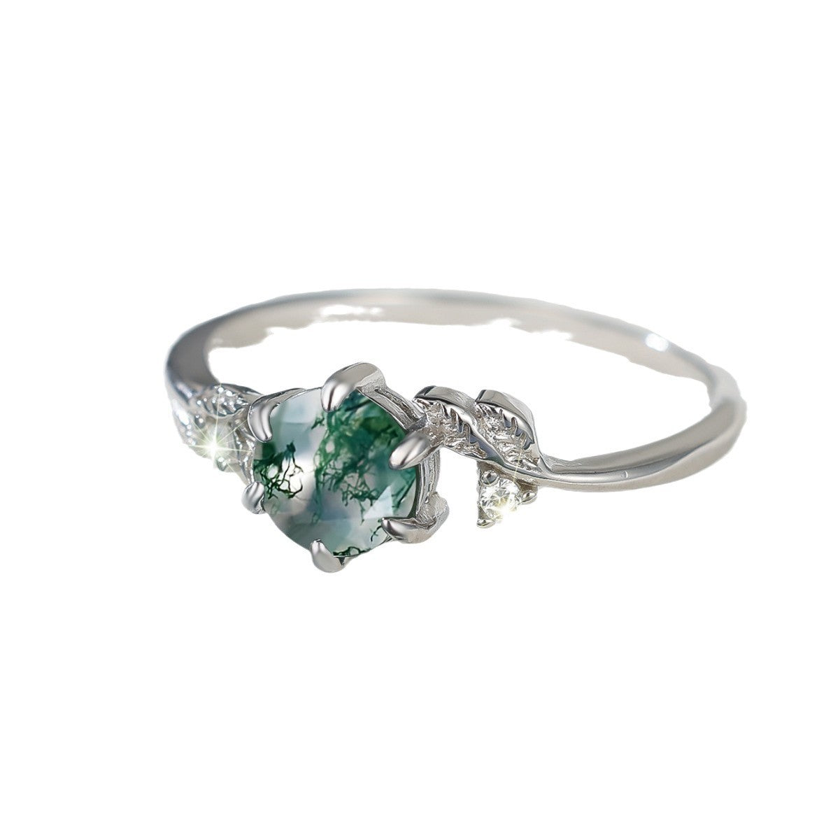 925 Sterling Silver Round Agate Edge Branch Six-claw Ring