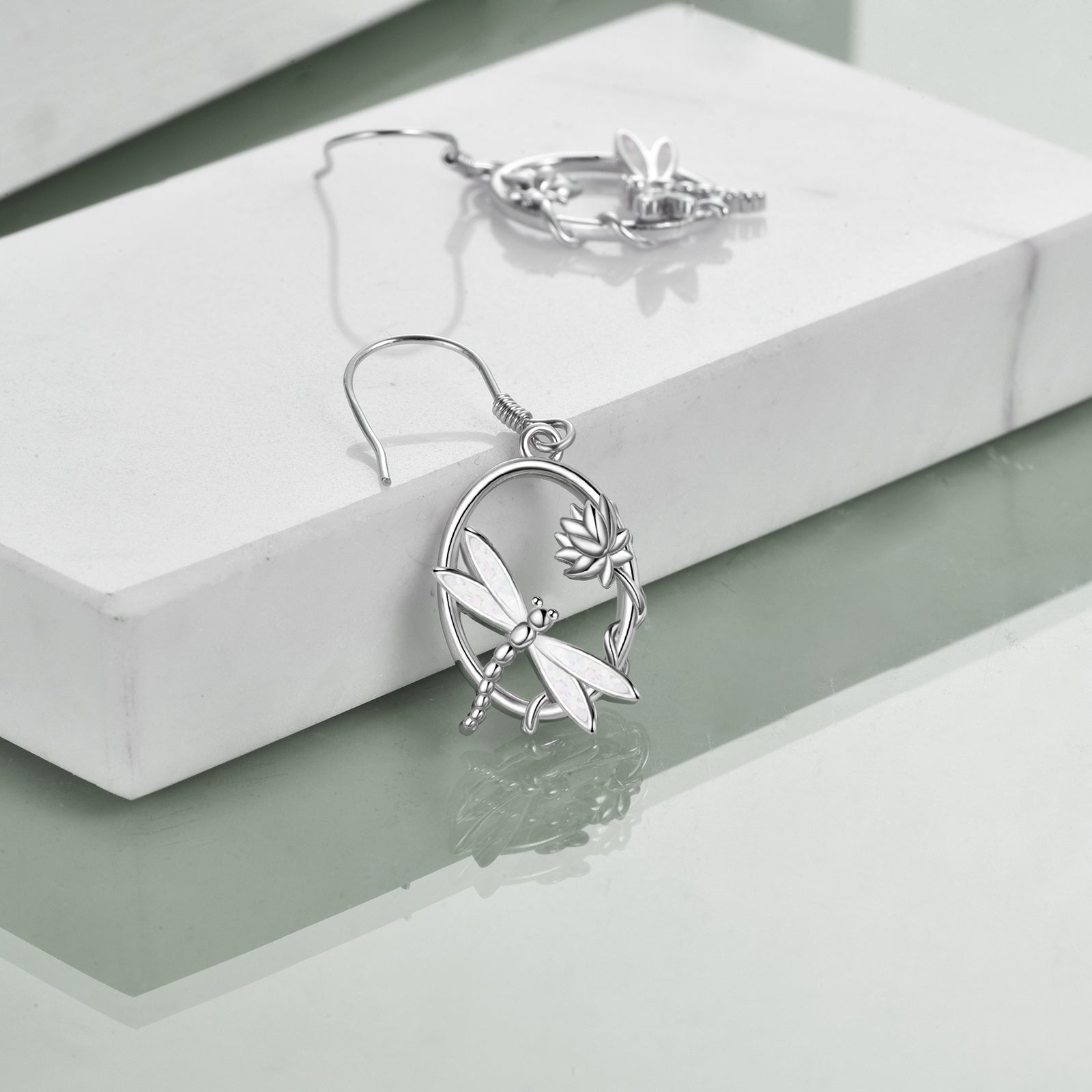 Sterling Silver Dragonfly & Lotus Opal Drop Earrings — Light at the Water’s Edge